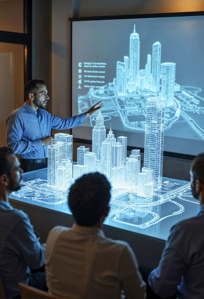 An image showing holographic image of an co-living who faced proptech support issues