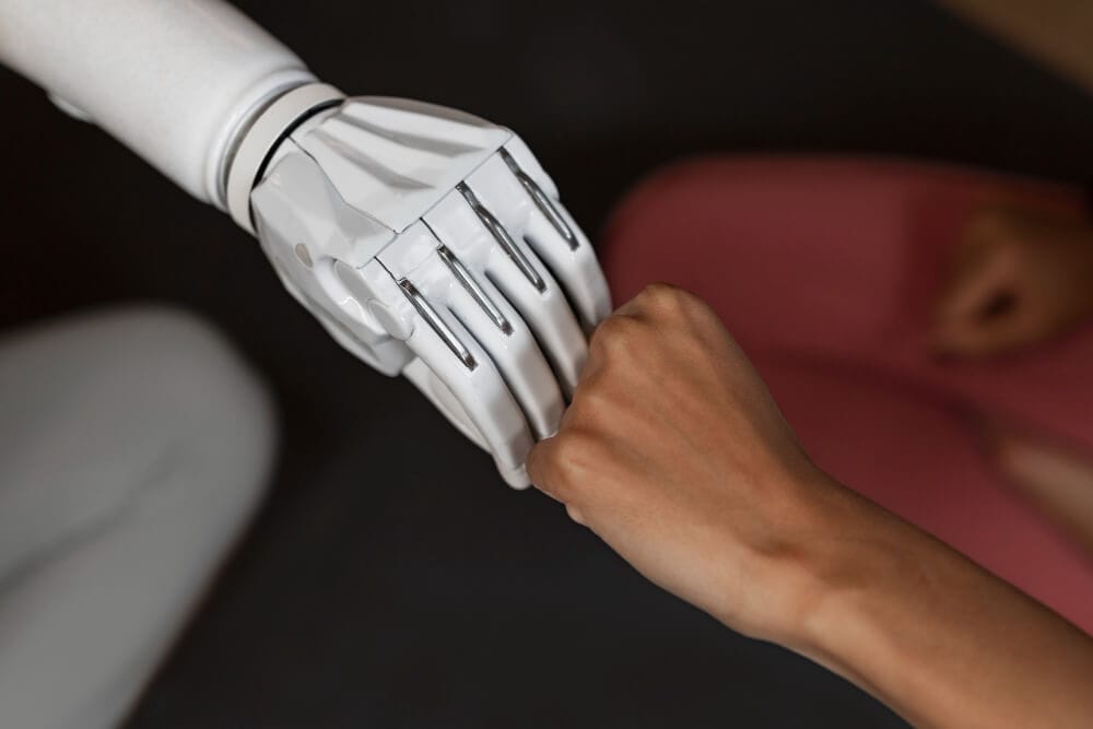 ai and human joining hands for AI contact Center