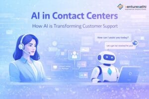 AI in contact centers banner showing human agent and AI assistant transforming customer support.