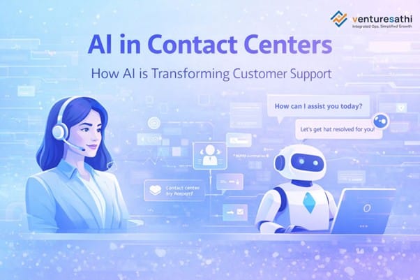 AI in contact centers banner showing human agent and AI assistant transforming customer support.