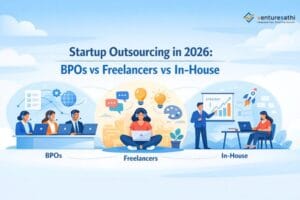 Startup outsourcing in 2026 banner showing BPO vs freelancers vs in-house comparison.