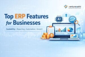 Banner illustrating top ERP features for businesses, showing dashboards, AI insights, and analytics charts icons.
