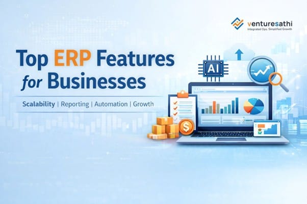 Banner illustrating top ERP features for businesses, showing dashboards, AI insights, and analytics charts icons.