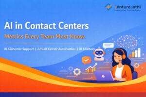Light blue banner showing AI in contact centres with icons for automation, chatbots, and metrics