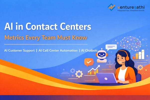 Light blue banner showing AI in contact centres with icons for automation, chatbots, and metrics