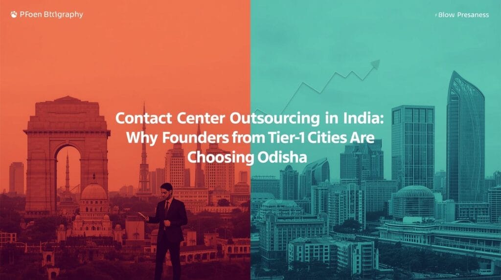 Split image of busy Tier-1 Indian city skylines transitioning to modern Odisha infrastructure, with bold headline about contact center outsourcing cost savings for Indian founders