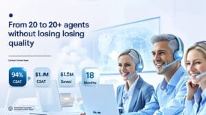 A team of customer support agents with headsets scaling from 20 to 200+ seats for an online travel platform, achieving 94% CSAT and $1.5M in annual savings with Venturesathi.