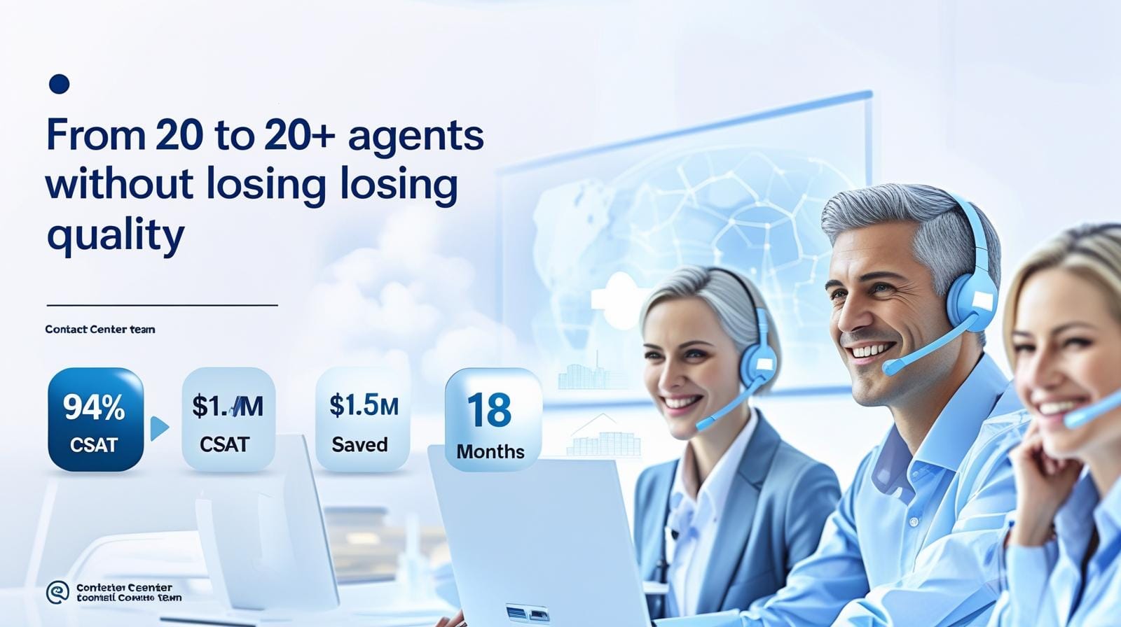 A team of customer support agents with headsets scaling from 20 to 200+ seats for an online travel platform, achieving 94% CSAT and $1.5M in annual savings with Venturesathi.