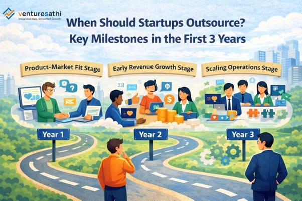 Startup outsourcing strategy timeline showing when early-stage startups outsource in the first 3 years.