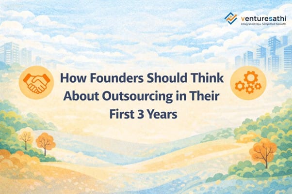 Banner illustration showing how founders should think about outsourcing in their first 3 years.