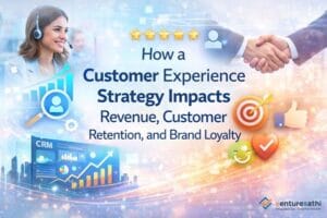 Illustration showing how customer experience strategy boosts revenue, retention, and brand loyalty.