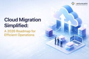 Cloud migration roadmap 2026 with cloud computing, data flow and enterprise systems illustration
