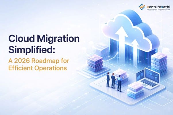 Cloud migration roadmap 2026 with cloud computing, data flow and enterprise systems illustration