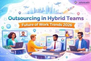 Future of work outsourcing in hybrid teams with remote collaboration illustration.