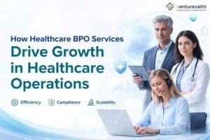 Healthcare BPO services blog banner showing cloud-based healthcare operations and outsourcing workflow