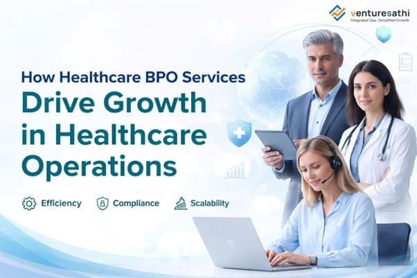 Healthcare BPO services blog banner showing cloud-based healthcare operations and outsourcing workflow