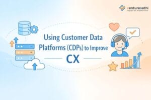 Customer Data Platform blog banner with light blue and orange design and CX icons.