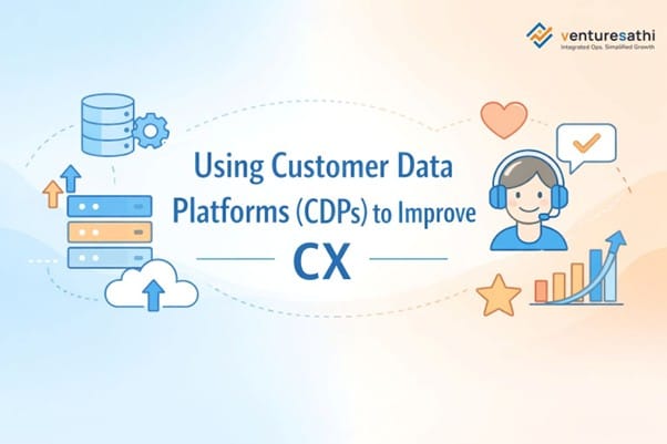 Customer Data Platform blog banner with light blue and orange design and CX icons.