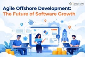 Agile offshore development blog banner with icons improving SaaS team productivity and delivery speed.