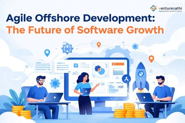 Agile offshore development blog banner with icons improving SaaS team productivity and delivery speed.