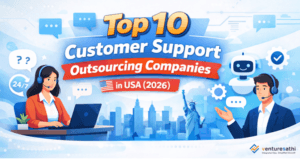 Top 10 customer support outsourcing companies USA 2026 banner with CX, AI, and support agents.
