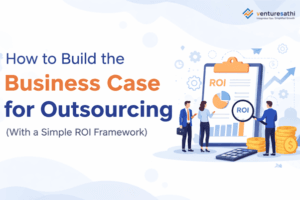 Outsourcing ROI framework blog banner on business case for outsourcing.
