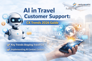 AI in travel customer support banner showing CX trends 2026 and AI contact center concept.