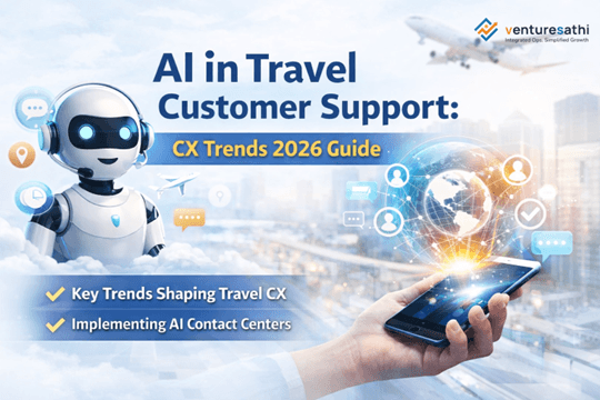 AI in travel customer support banner showing CX trends 2026 and AI contact center concept.