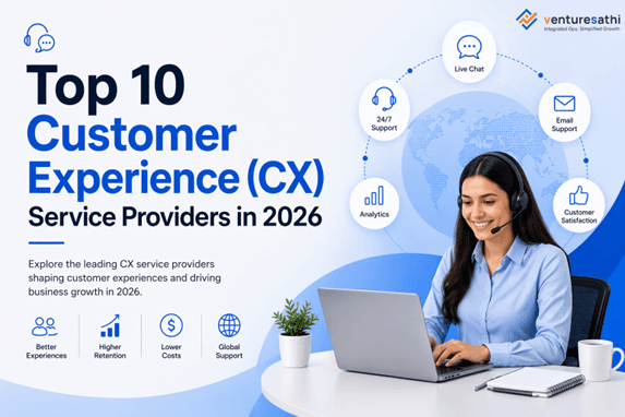 Top CX service providers 2026 banner with customer support and global CX outsourcing theme.