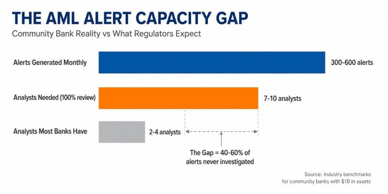 AML alert backlog at US community banks in 2026, 60 percent of alerts never investigated, creating regulatory risk under BSA requirements