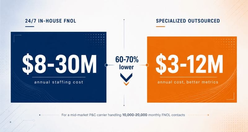 fnol-insurance-24-7-mid-market-carriers-hero FNOL insurance cost comparison for mid-market P&C carriers, showing
24/7 in-house operations at 8 to 30 million dollars annually versus
outsourced FNOL insurance at 3 to 12 million dollars annually