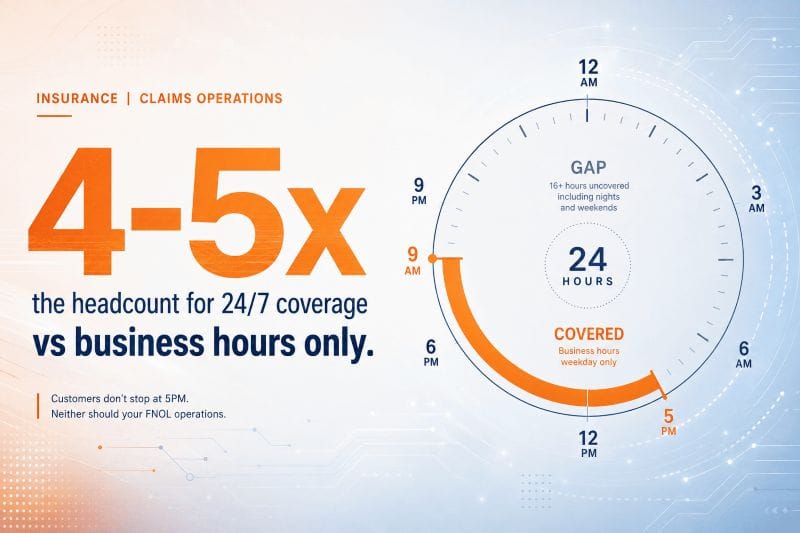 FNOL insurance operations at mid-market P&C carriers in 2026, showing why 24/7 in-house claims intake is economically impossible for carriers below the top ten