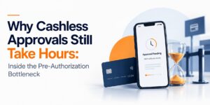 Cashless pre-authorization at Indian health insurers in 2026, showing the gap between the IRDAI 60-minute rule and the 2-4 hour reality caused by back-and-forth queries with hospitals