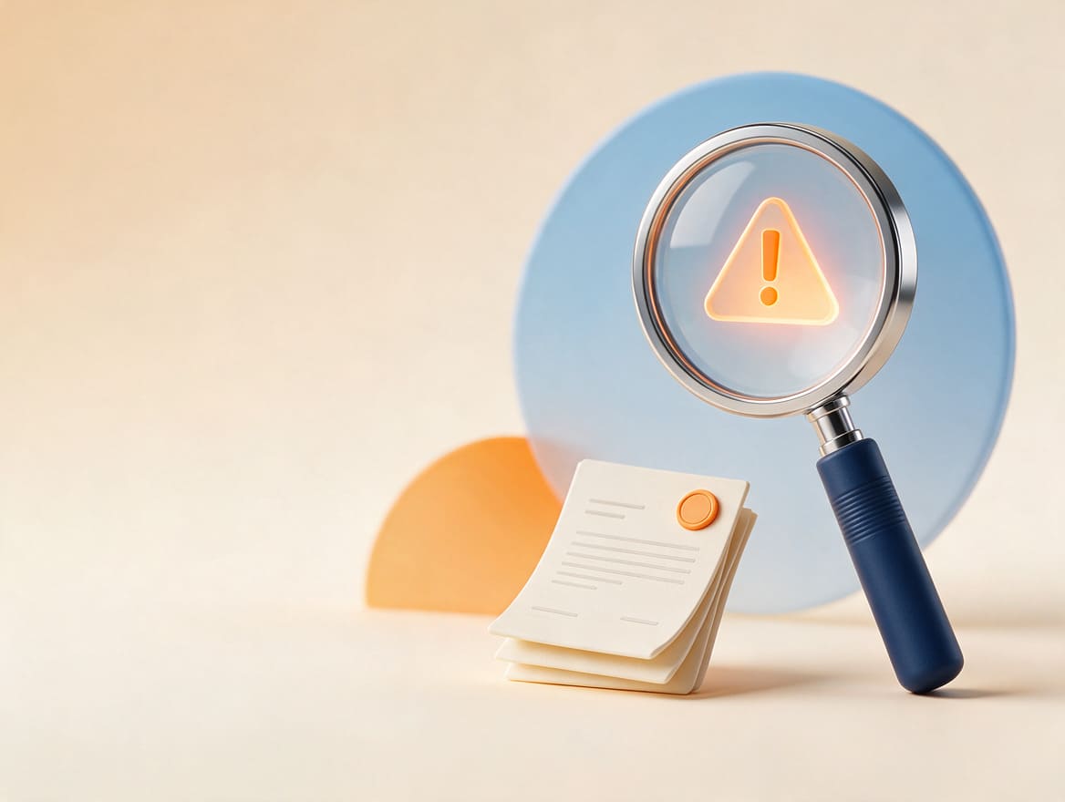 insurance fraud in india with a magnifying glass with a warning sign and document floating  with a gradient light orange background with 2 circle shapes of orange and blue